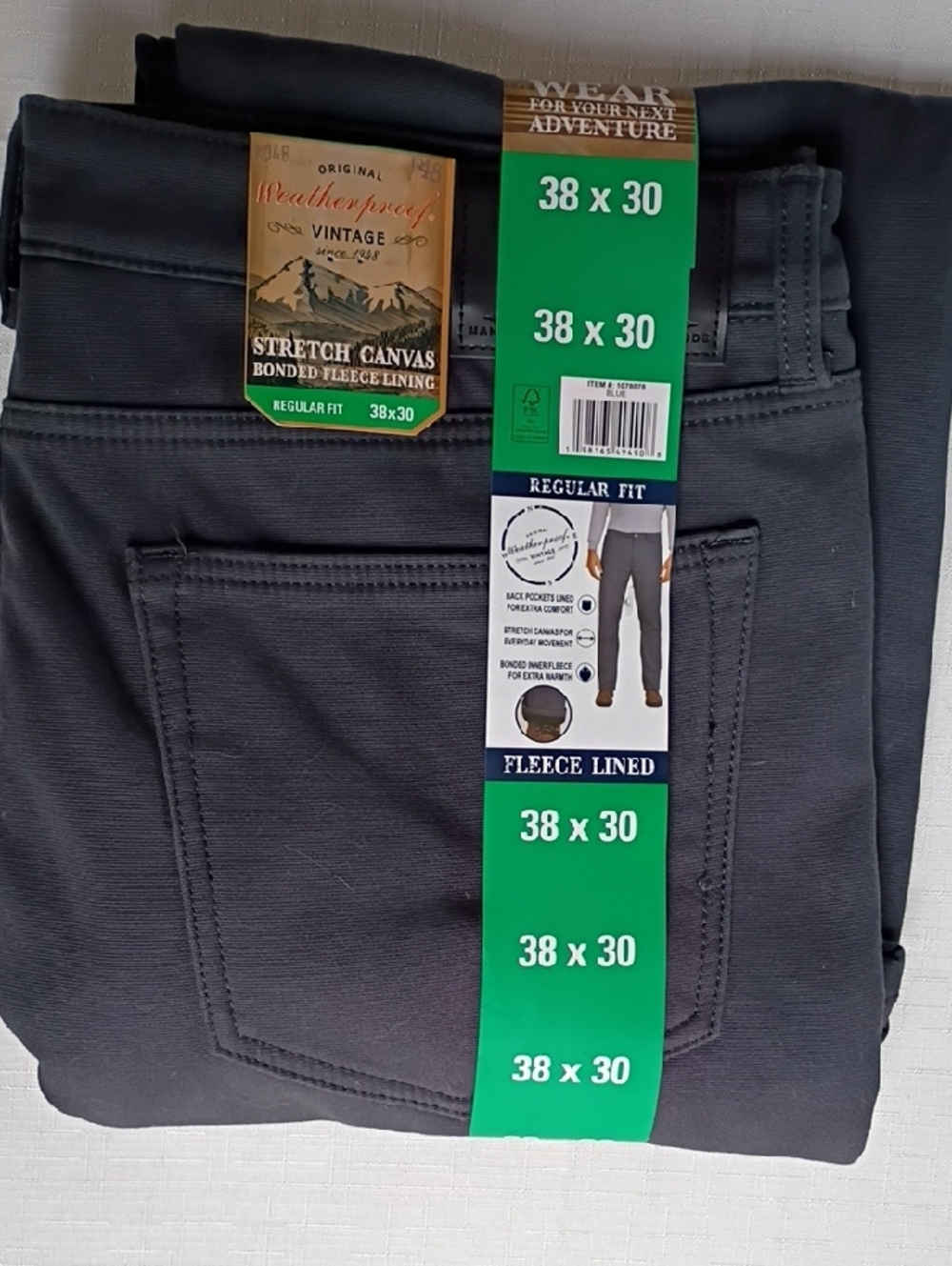 Weatherproof Men’s Fleece-Lined Stretch Canvas Jeans - Charcoal Gray Size 38X30